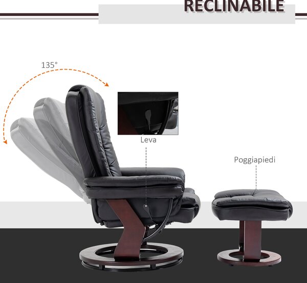HOMCOM Set Poltrona Relax e Pouf Poggiapiedi, Girevole a 360° e Reclinabile, Similpelle PU|Aosom