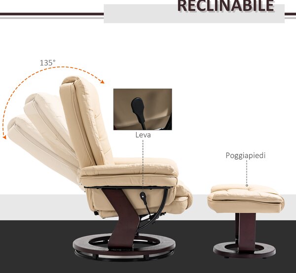 HOMCOM Set Poltrona Relax e Pouf Poggiapiedi, Girevole a 360° e Reclinabile, Similpelle PU|Aosom