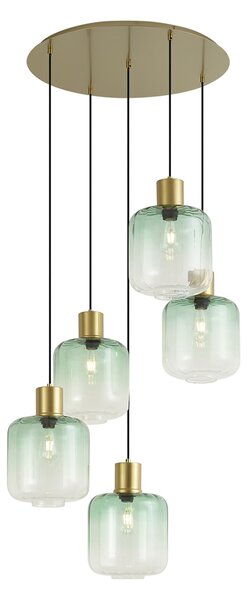 Lampada a sospensione Hotel Chic ottone con vetro blu e verde 5 luci - Qara