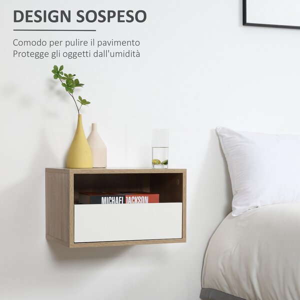 HOMCOM Set 2 Comodini Sospesi in Legno con Cassetto e Ripiano Aperto, Design Moderno 45x35x27.5cm, Bianco e Color Legno|Aosom