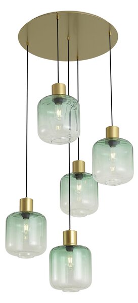 Lampada a sospensione Hotel Chic ottone con vetro blu e verde 5 luci - Qara