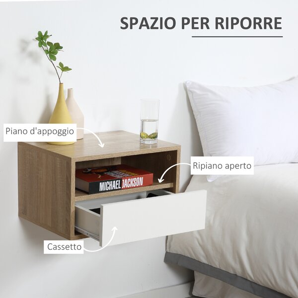 HOMCOM Set 2 Comodini Sospesi in Legno con Cassetto e Ripiano Aperto, Design Moderno 45x35x27.5cm, Bianco e Color Legno|Aosom