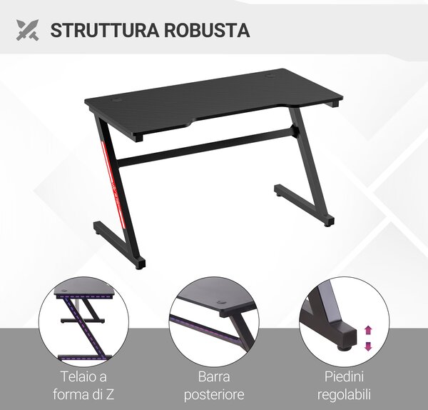 HOMCOM Scrivania Gaming Moderna per Camera o Ufficio con 2 Fori Passacavi, in Metallo e MDF, Nero, 120x60x73cm|Aosom