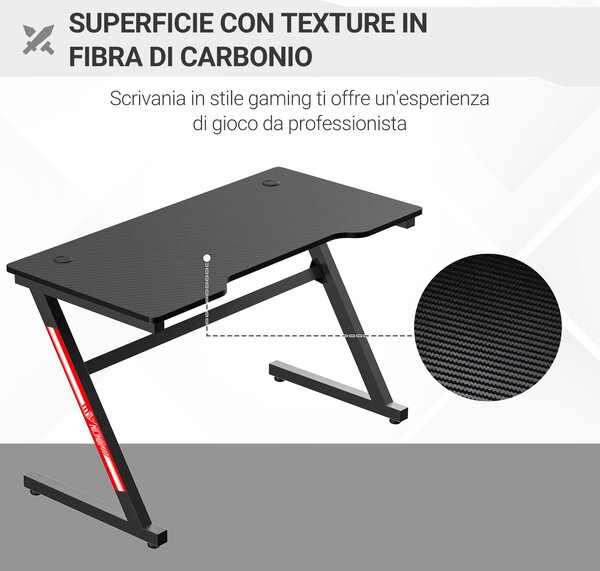 HOMCOM Scrivania Gaming Moderna per Camera o Ufficio con 2 Fori Passacavi, in Metallo e MDF, Nero, 120x60x73cm|Aosom