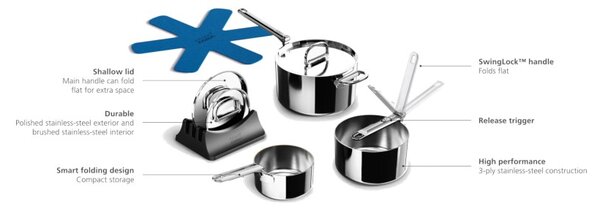 Joseph Joseph Space Steel Set di 3 Pentole 15-19-23 cm Inox Manico Pieghevole Coperchi x Gas Elettrico Induzione Forno