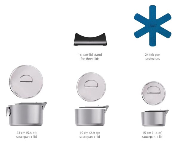 Joseph Joseph Space Steel Set di 3 Pentole 15-19-23 cm Inox Manico Pieghevole Coperchi x Gas Elettrico Induzione Forno