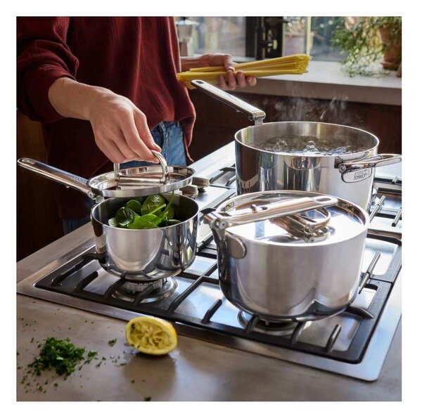 Joseph Joseph Space Steel Set di 3 Pentole 15-19-23 cm Inox Manico Pieghevole Coperchi x Gas Elettrico Induzione Forno