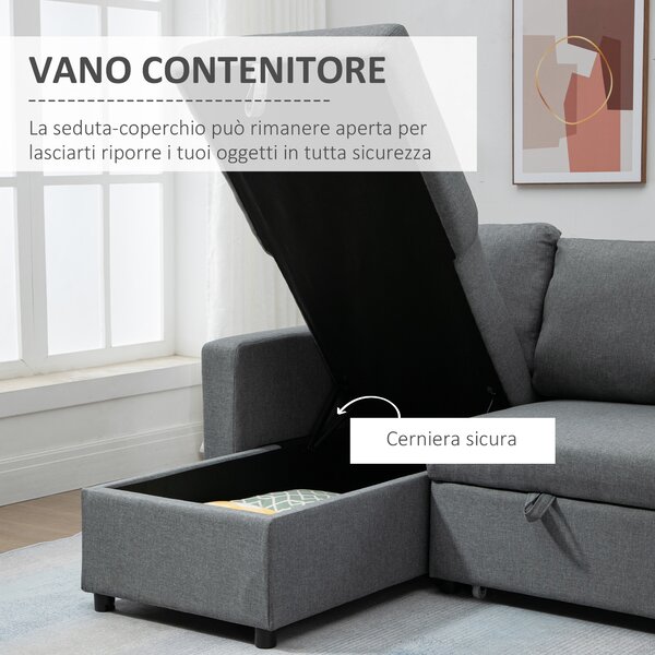 HOMCOM Divano Letto 3 Posti e Penisola con Vano Contenitore e 3 cuscini, in Tessuto Lino con Cuscini Sfoderabili, Grigio Chiaro | Aosom Italy