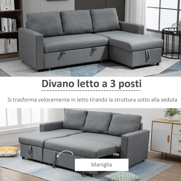HOMCOM Divano Letto 3 Posti e Penisola con Vano Contenitore e 3 cuscini, in Tessuto Lino con Cuscini Sfoderabili, Grigio Chiaro | Aosom Italy