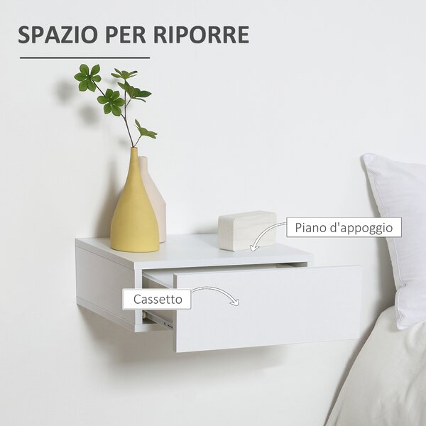 HOMCOM Set 2 Comodini Sospesi per Camera, Comodini Moderni con Fissaggio a Parete, in Legno Bianco, 40x30x15cm|Aosom