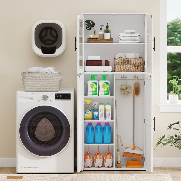 Costway Armadio da bagno con spazio di stoccaggio, Armadio indipendente per strumenti di pulizia per casa e ufficio Bianco