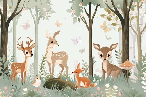 Carta da parati Animali della foresta stravaganti nei toni del verde, Carta da parati Foresta, Carta da parati Alberi, w09227 : Uwalls.it
