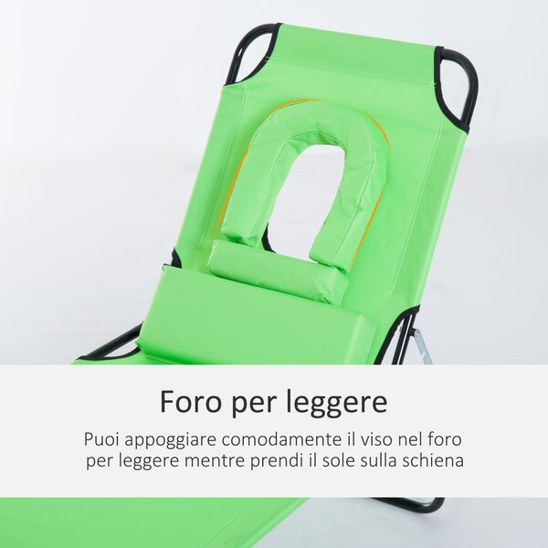 Outsunny Sdraio Pieghevole Reclinabile con Foro per Lettura e Cuscino, Sdraio Pieghevole da Giardino in Acciaio e Tessuto Oxford, Verde | Aosom Italy