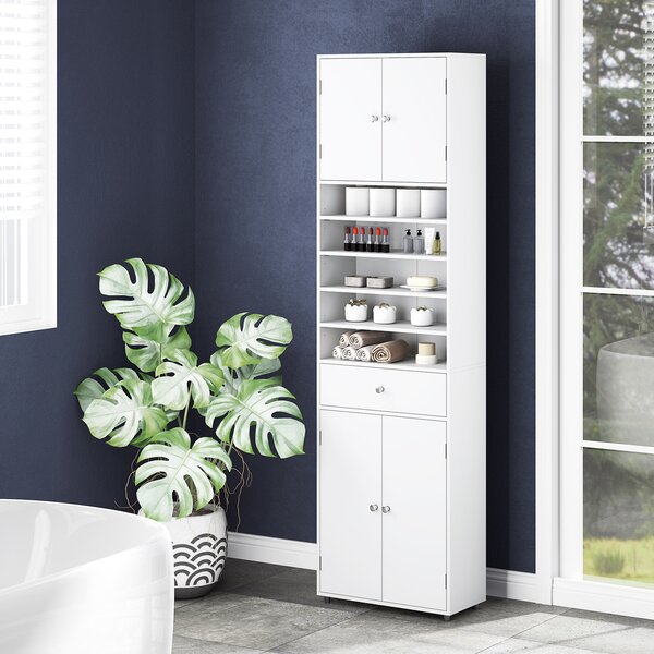Costway Mobile armadio alto per bagno con cassetto 180 cm ante ripiani regolabili, Armadio per biancheria mobile da terra indipendente Bianco