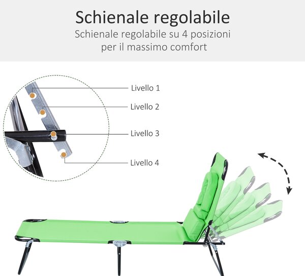 Outsunny Sdraio Pieghevole Reclinabile con Foro per Lettura e Cuscino, Sdraio Pieghevole da Giardino in Acciaio e Tessuto Oxford, Verde | Aosom Italy