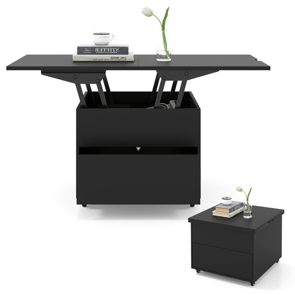 Costway Tavolino da caffè con piano sollevabile e contenitore nascosto, Tavolo moderno 3 in 1 con cassetto e ruote 360° Nero