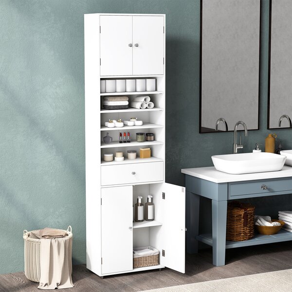 Costway Mobile armadio alto per bagno con cassetto 180 cm ante ripiani regolabili, Armadio per biancheria mobile da terra indipendente Bianco
