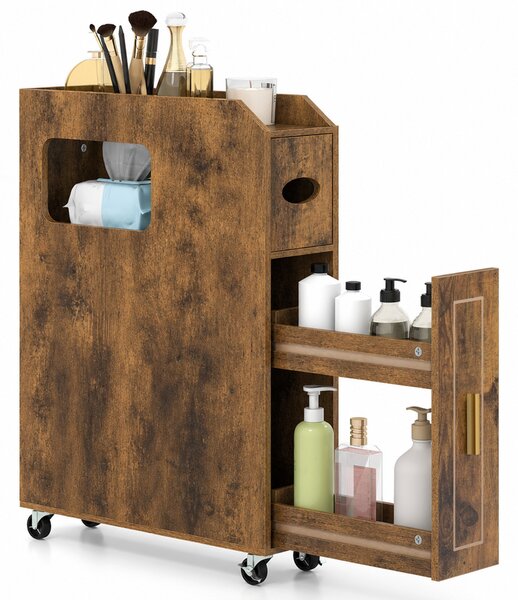 Costway Organizzatore da 16 cm stretto e slim con portascopino e ruote con freno, Mobiletto da bagno piccolo per spazi ridotti Marrone