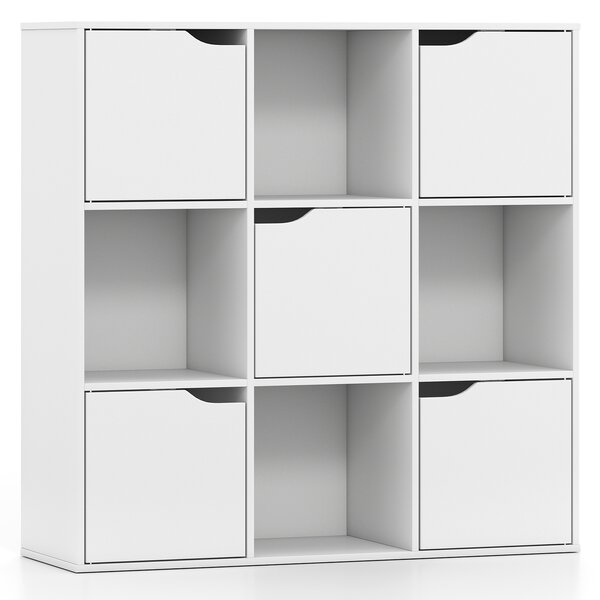 Costway Libreria a 3 livelli in legno con 9 scomparti e 5 ante, Mobiletto portaoggetti moderno per camera da letto soggiorno ufficio
