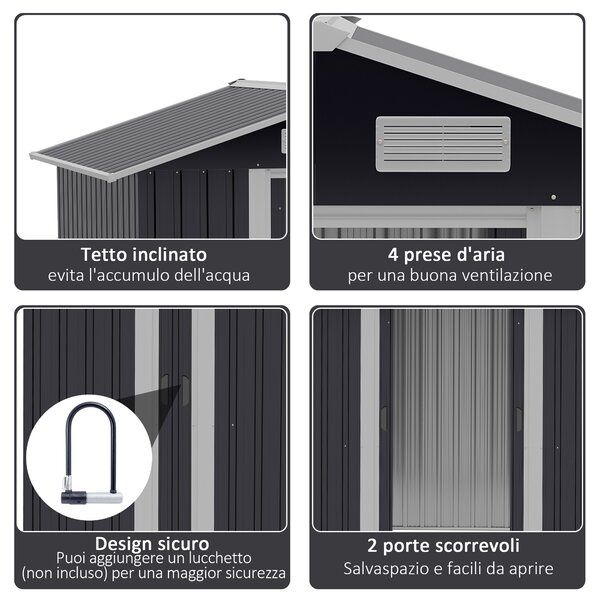 Outsunny Capanno da Giardino 2x1.5x1.9m in Acciaio Zincato, Doppia Porta Scorrevole e 4 Prese d'aria|Aosom