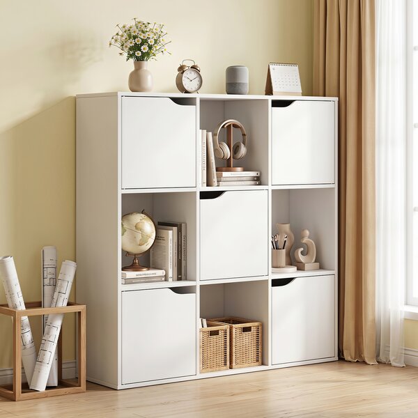 Costway Libreria a 3 livelli in legno con 9 scomparti e 5 ante, Mobiletto portaoggetti moderno per camera da letto soggiorno ufficio