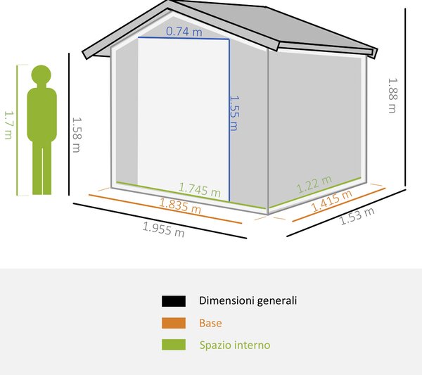 Outsunny Capanno da Giardino 2x1.5x1.9m in Acciaio Zincato, Doppia Porta Scorrevole e 4 Prese d'aria|Aosom