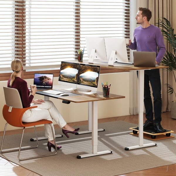 Costway Scrivania elettrica regolabile per computer e sedia ergonomica da ufficio, Scrivania in piedi e sedia girevole con poggiatesta Beige