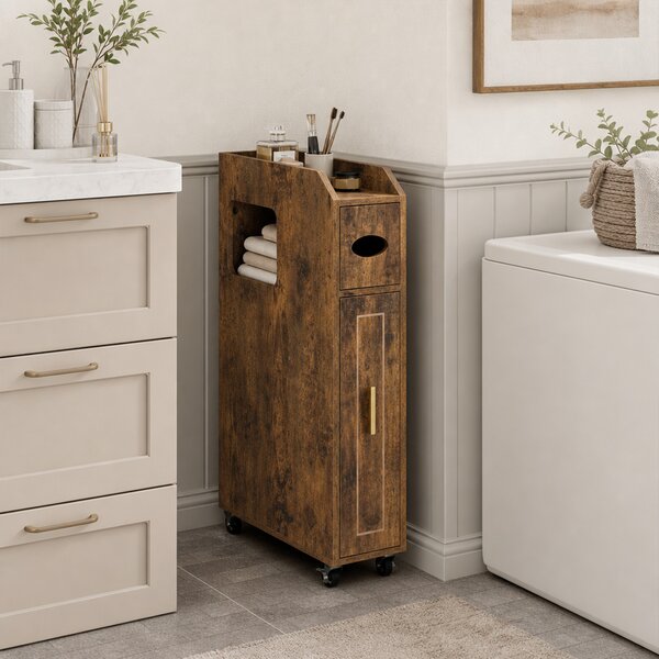 Costway Organizzatore da 16 cm stretto e slim con portascopino e ruote con freno, Mobiletto da bagno piccolo per spazi ridotti Marrone