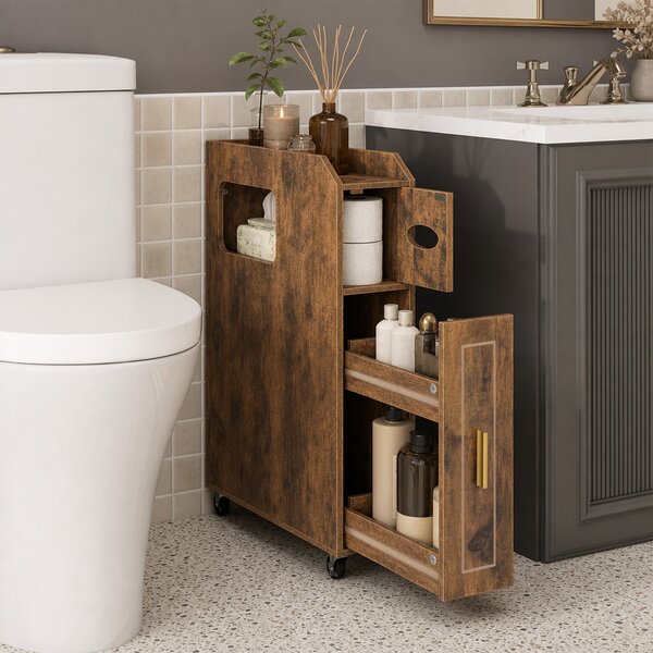 Costway Organizzatore da 16 cm stretto e slim con portascopino e ruote con freno, Mobiletto da bagno piccolo per spazi ridotti Marrone