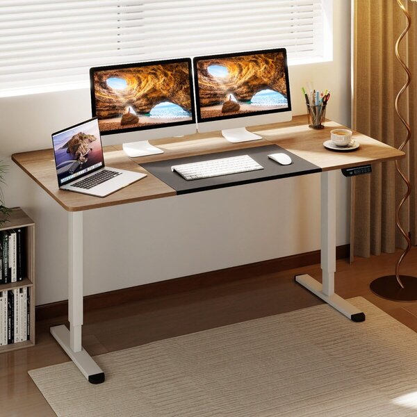 Costway Scrivania elettrica regolabile per computer e sedia ergonomica da ufficio, Scrivania in piedi e sedia girevole con poggiatesta Beige