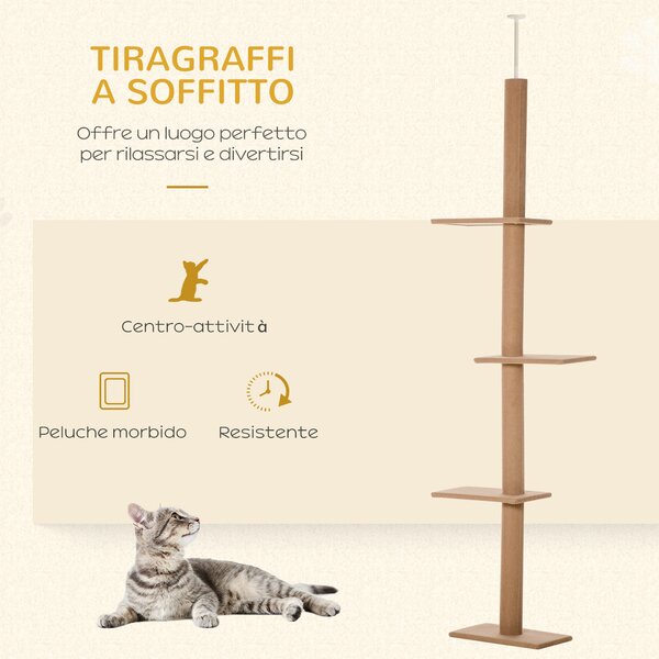 PawHut Tiragraffi per Gatti su 4 Livelli con Colonna Rivestita e Altezza dell'Asta Regolabile, Grigio, 43x27x228-260cm|Aosom