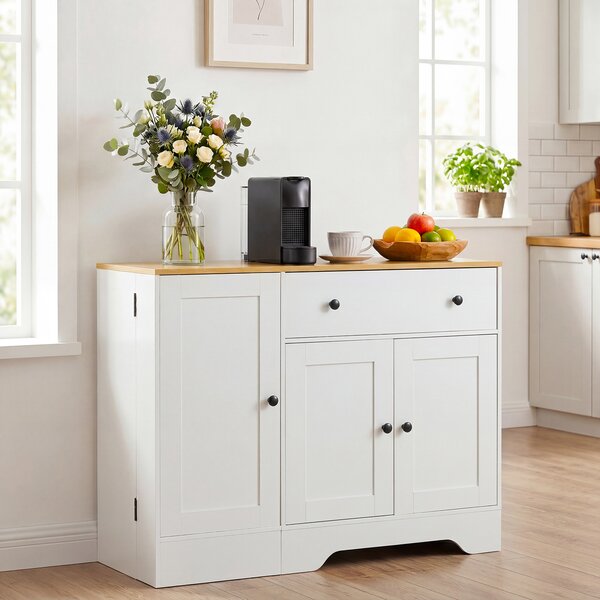 Costway Credenza buffet da cucina con cassetto ripiani anta girevole con ruota, Mobile dispensa da cucina per soggiorno e sala da pranzo Bianco