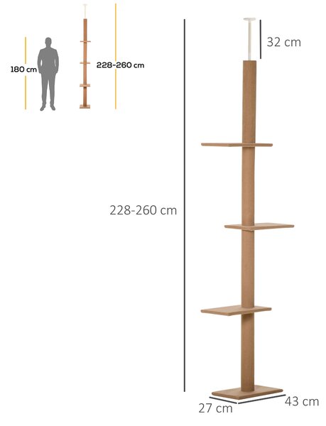 PawHut Tiragraffi per Gatti su 4 Livelli con Colonna Rivestita e Altezza dell'Asta Regolabile, Grigio, 43x27x228-260cm|Aosom