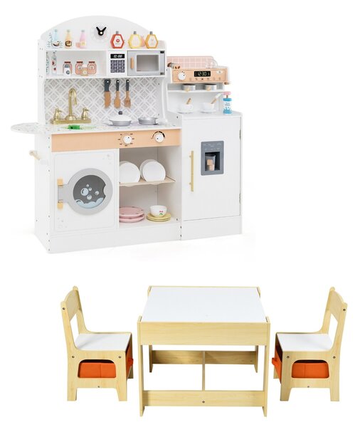 Costway Set cucina per bambini e set tavolo con 2 sedie per bambini in legno, Cucina in legno per gioco di cucina e set di 3 pezzi mobili per bimbi