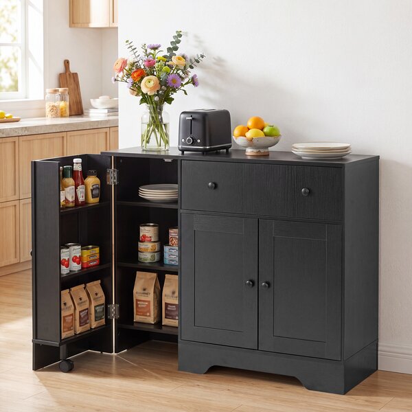 Costway Credenza buffet da cucina con cassetto ripiani anta girevole con ruota, Mobile dispensa da cucina per soggiorno e sala da pranzo Nero