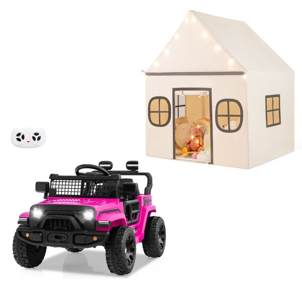 Costway Auto elettrico per bambini 12V con telecomando e tenda da gioco per bambini, Veicolo elettrico con 3 velocità e tenda da interno per bambini