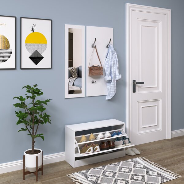 HOMCOM Set Ingresso 3 In 1 - Scarpiera, Specchio E Appendiabiti In Legno 80x27x46.5cm Bianco - Foto 10