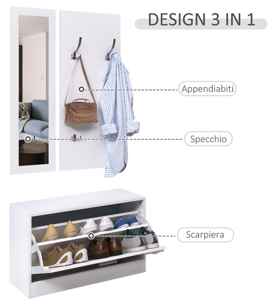 HOMCOM Set 3 Pezzi Scarpiera Appendiabiti Specchio per Ingresso o Camera da Letto, in Legno, 80x27x46.5cm, Bianco|Aosom