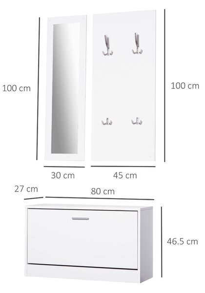 HOMCOM Set 3 Pezzi Scarpiera Appendiabiti Specchio per Ingresso o Camera da Letto, in Legno, 80x27x46.5cm, Bianco|Aosom