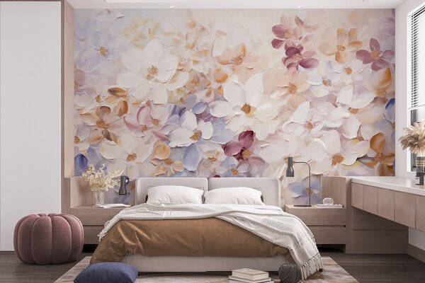 Carta da parati Pittura a olio che imita un giardino fiorito con fiori bianchi, rosa e arancioni,, Carta da parati Floreale, w09236 : Uwalls.it