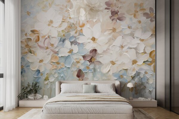 Carta da parati Pittura a olio che imita un giardino fiorito con fiori bianchi, blu e arancioni,, Carta da parati Floreale, w09236v1 : Uwalls.it