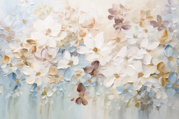 Carta da parati Pittura a olio che imita un giardino fiorito con fiori bianchi, blu e arancioni,, Carta da parati Floreale, w09236v1 : Uwalls.it