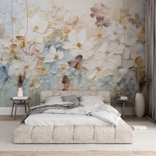 Carta da parati Pittura a olio che imita un giardino fiorito con fiori bianchi, blu e arancioni,, Carta da parati Floreale, w09236v1 : Uwalls.it