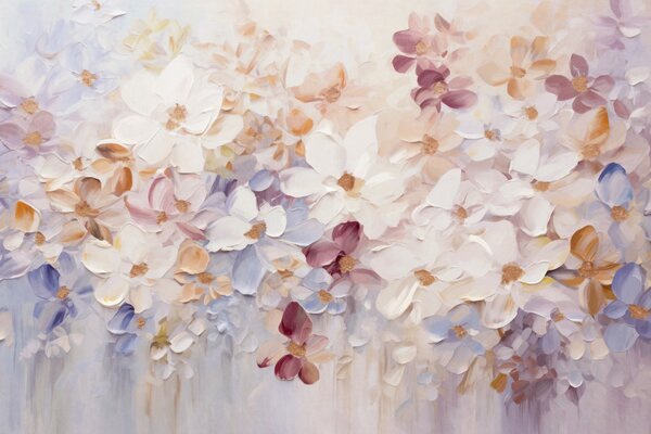 Carta da parati Pittura a olio che imita un giardino fiorito con fiori bianchi, rosa e arancioni,, Carta da parati Floreale, w09236 : Uwalls.it