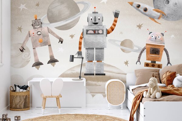 Carta da parati Robot nello spazio in stile acquerello, Carta da parati Spazio, w04016v1 : Uwalls.it