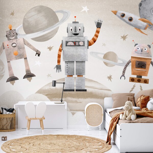 Carta da parati Robot nello spazio in stile acquerello, Carta da parati Spazio, w04016v1 : Uwalls.it