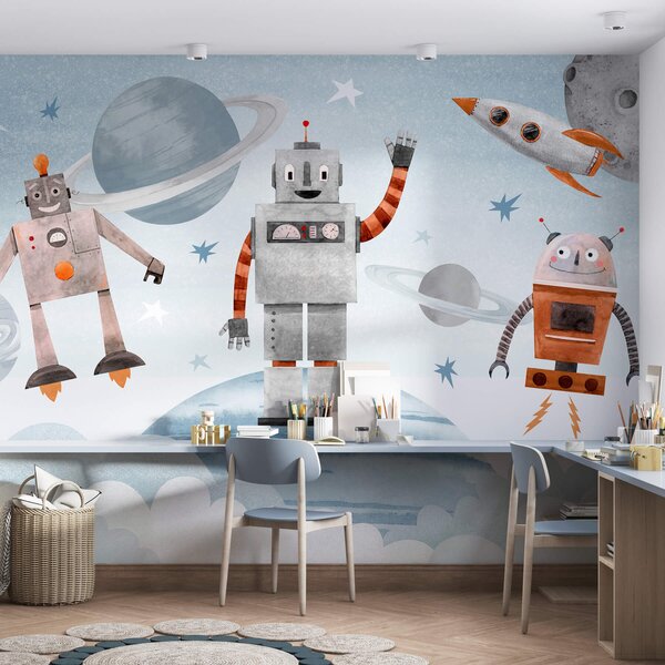 Carta da parati Robot nello spazio in stile acquerello, Carta da parati Spazio, w04016 : Uwalls.it