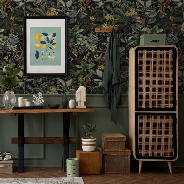 Carta da parati Giungla tropicale con scimmie, uccelli e fitto fogliame, Parati foresta classici, a00191 : Uwalls.it