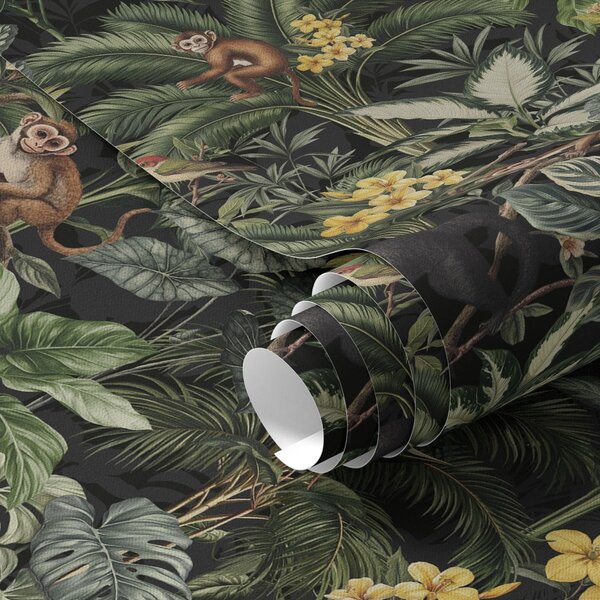 Carta da parati Giungla tropicale con scimmie, uccelli e fitto fogliame, Parati foresta classici, a00191 : Uwalls.it
