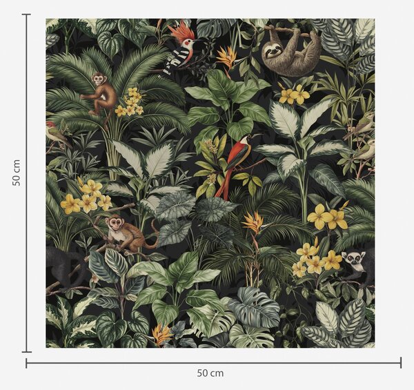 Carta da parati Giungla tropicale con scimmie, uccelli e fitto fogliame, Parati foresta classici, a00191 : Uwalls.it